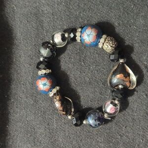 Black Blue Beaded Heart Clear Rhinestone Stretchy Elastic Statement Bracelet